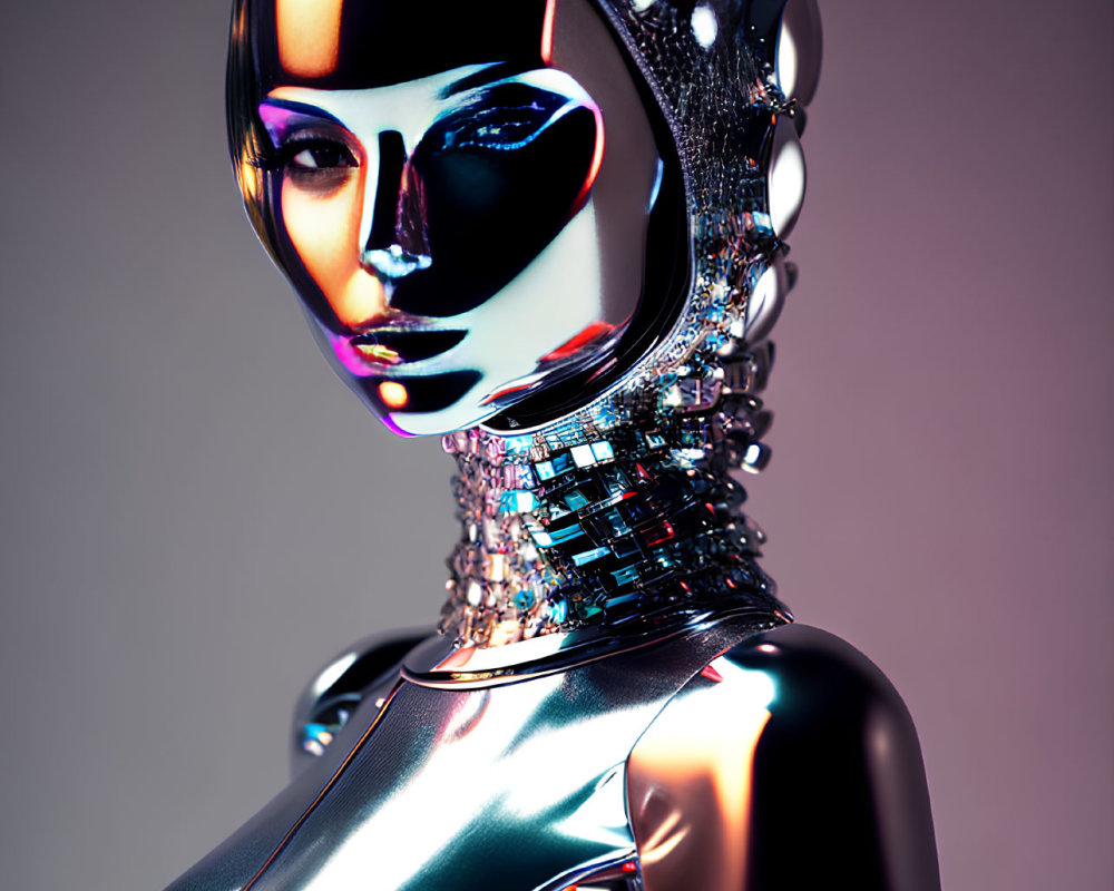 Reflective metallic female robot on pink background