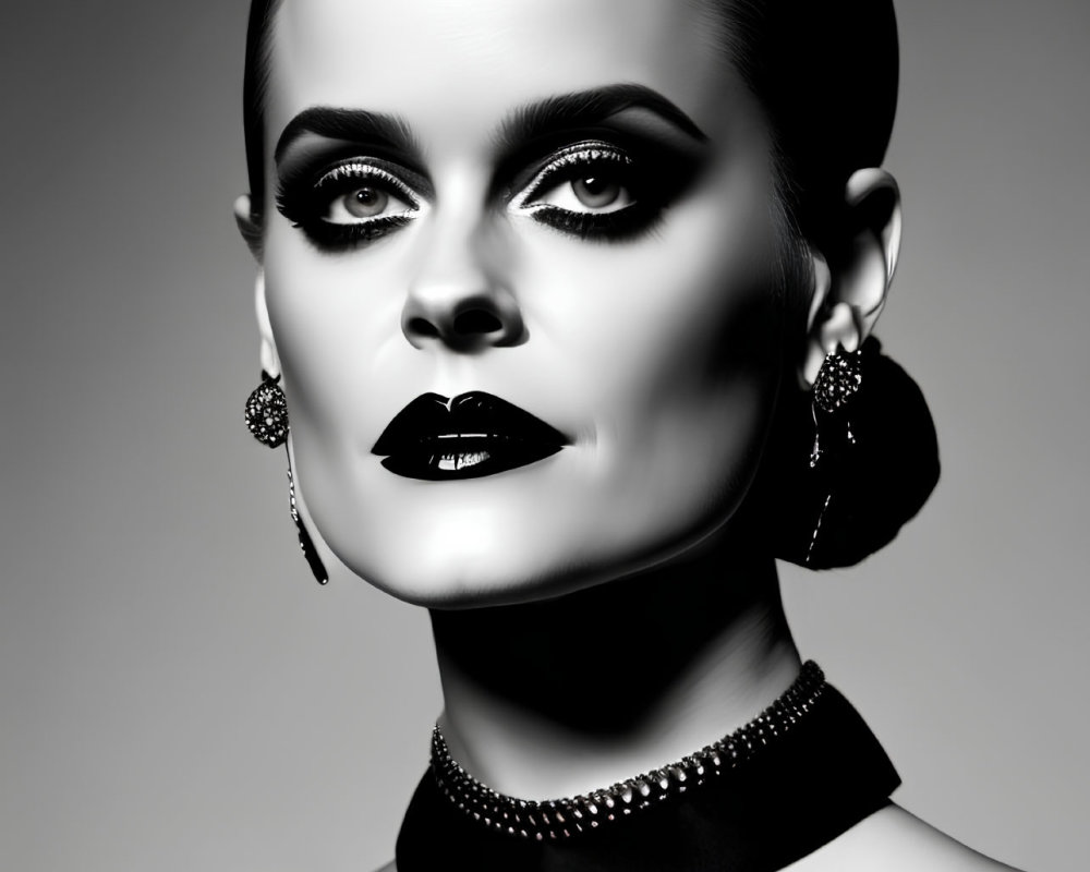 Monochrome portrait of woman with bold makeup and elegant jewelry