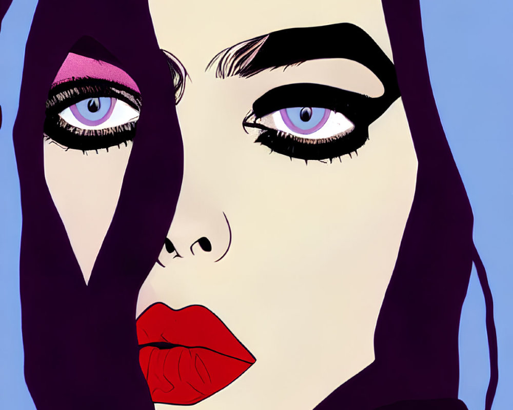 Stylized portrait of a person with dramatic makeup and intense blue eyes