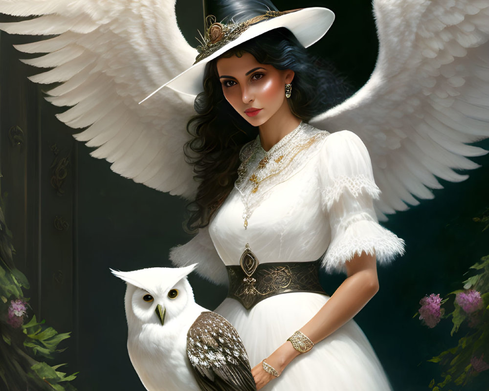 Illustrated woman with angel wings and witch's hat posing with white owl in elegant attire against dark floral