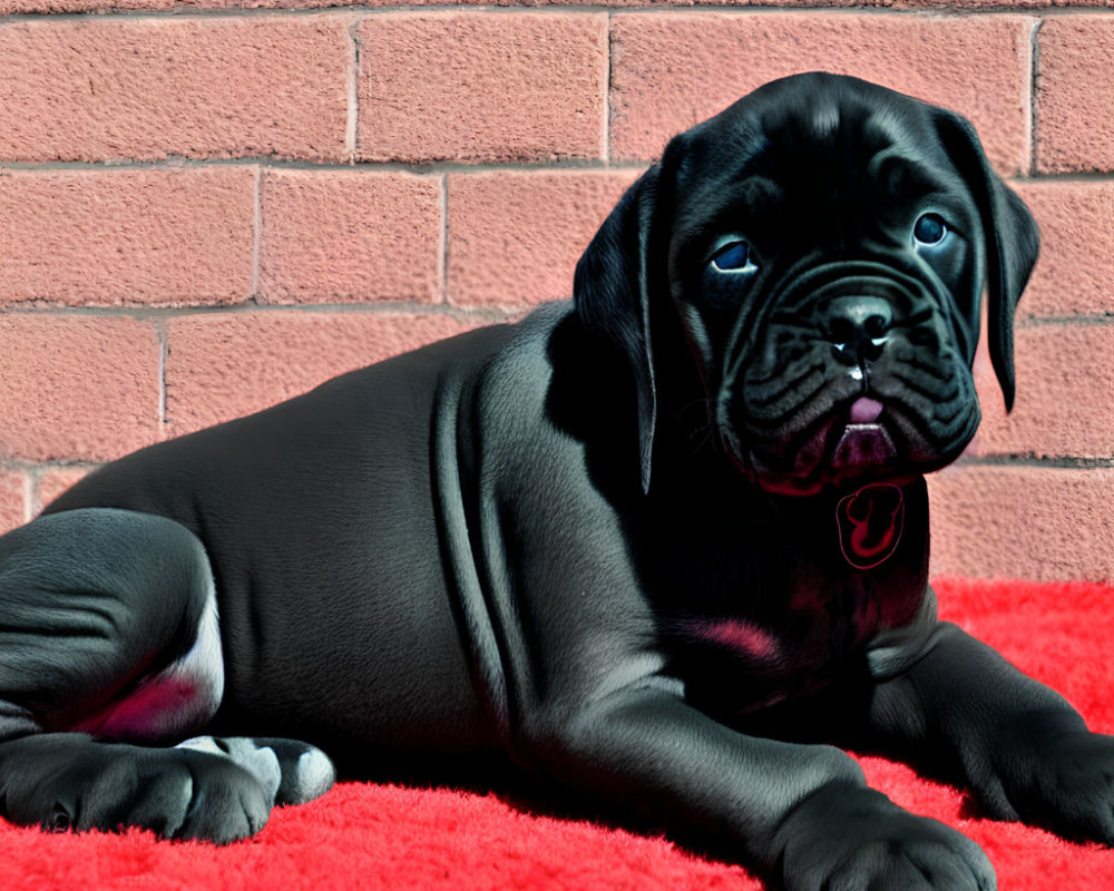 Black puppy with shiny coat and blue eyes on red rug against pink brick wall