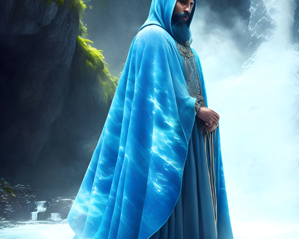 Bearded Figure in Blue Cloak Contemplates by Water Body