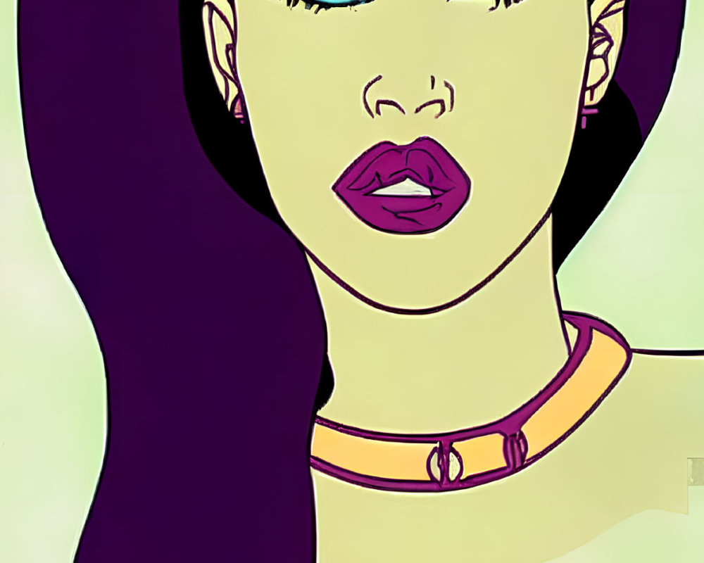 Illustration of a woman with purple hair, blue eyes, and pink choker