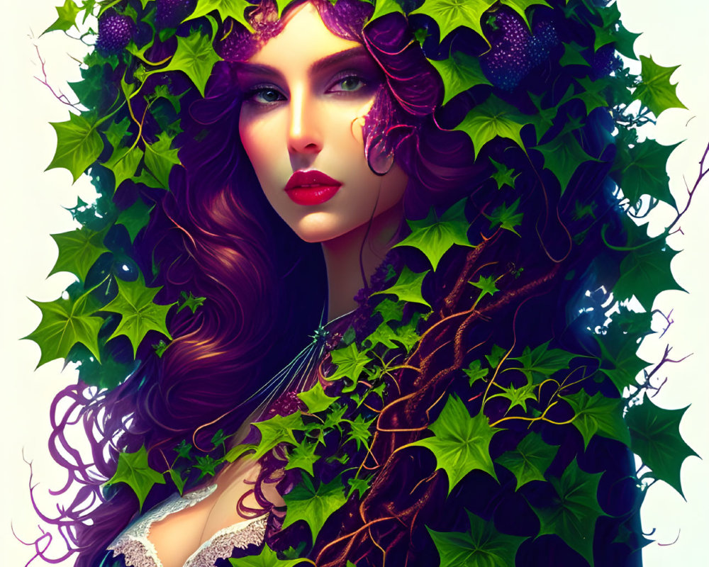 Illustrated woman with curly hair adorned with green leaves and berries in a mystical forest theme