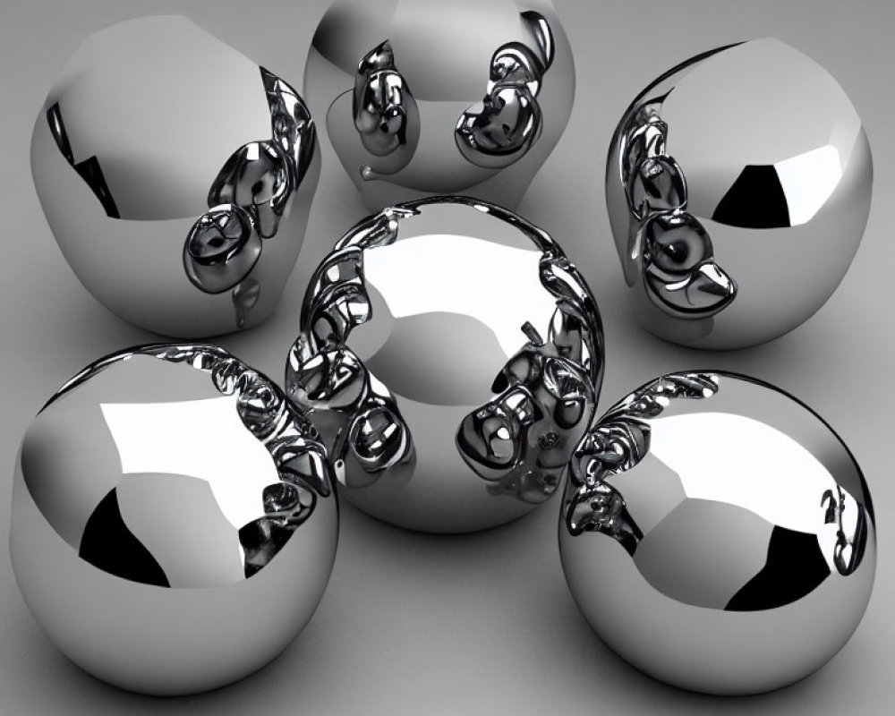 Reflective chrome spheres on grey background with spherical joints - modern abstract art.