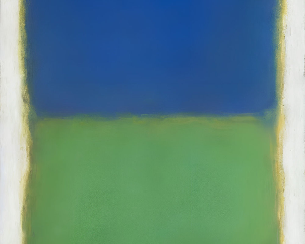 Abstract painting: Large blue and green rectangles with yellow borders on white background