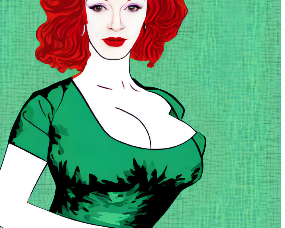 Red-haired woman in green dress on green dotted backdrop