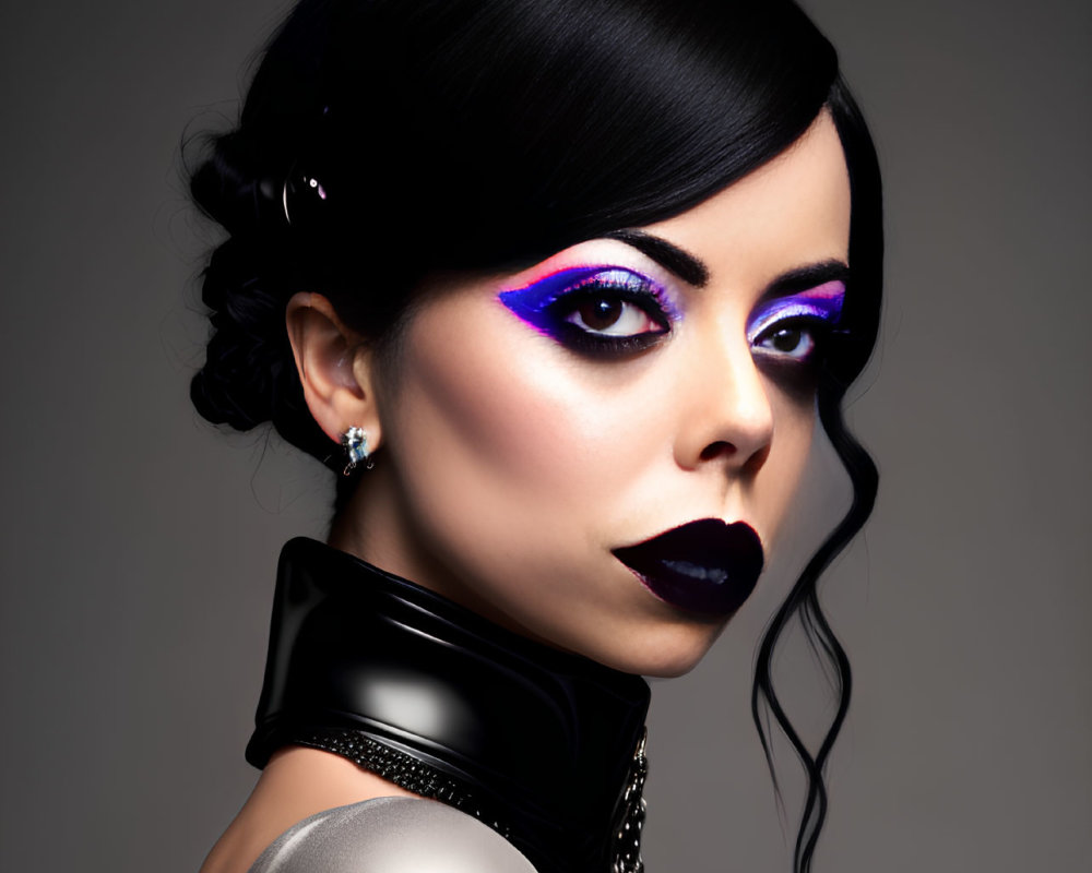 Woman with Bold Purple Eyeshadow and Dark Lipstick in Black and Silver Attire