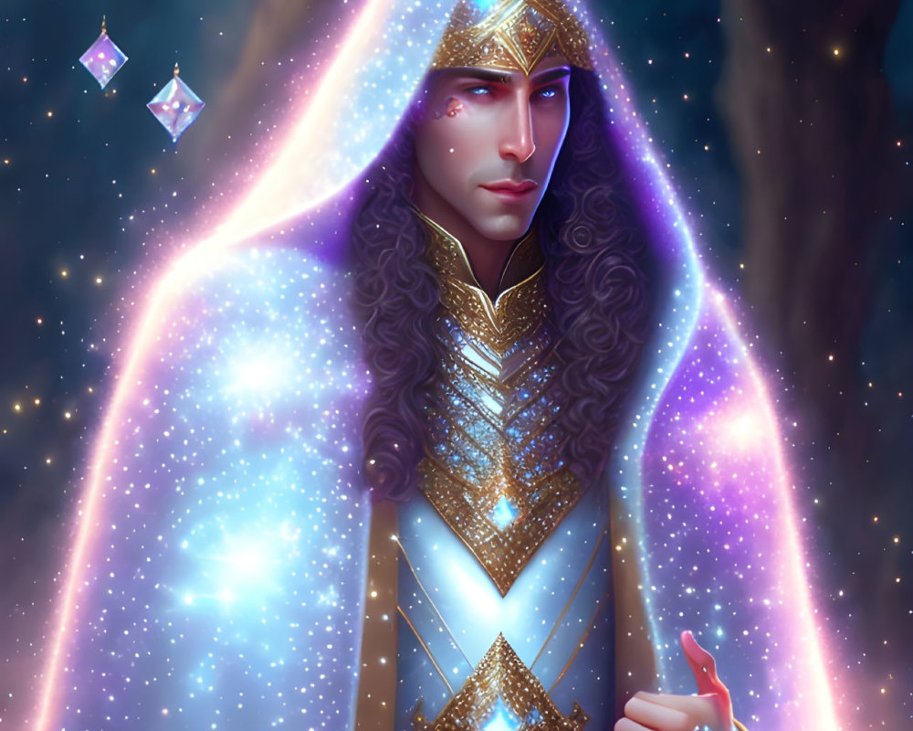 Majestic male figure in golden armor with long hair and crystals