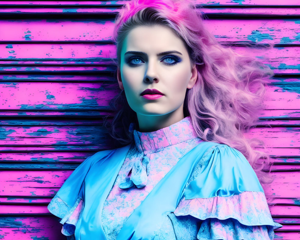 Vibrant pink background with woman in blue ruffled blouse and pink hair