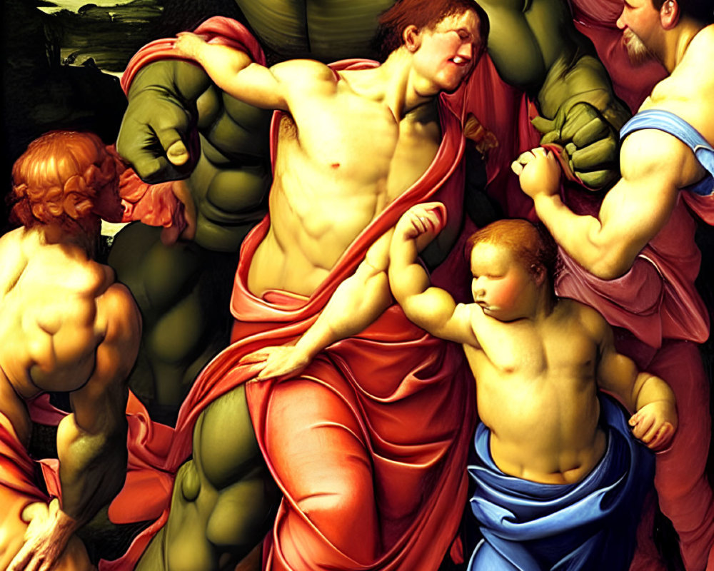 Classical painting merged with Marvel's Hulk in dramatic scene