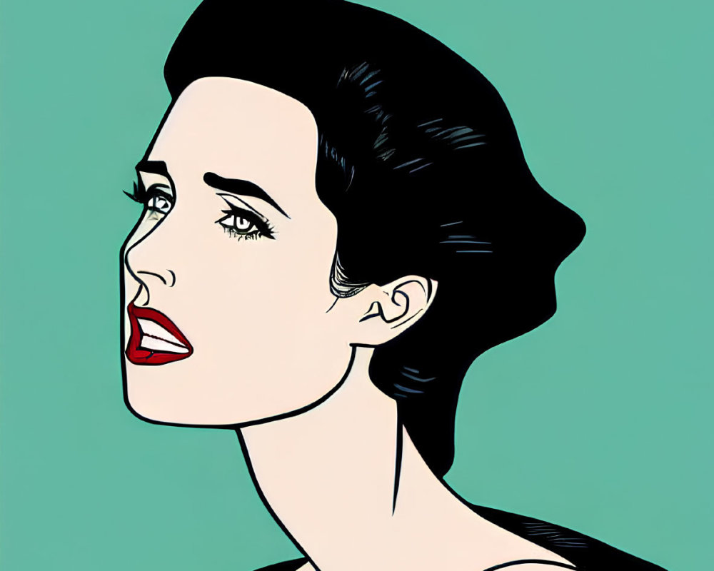 Dark-haired woman in retro pop art style on teal background with bold outlines and red lipstick.