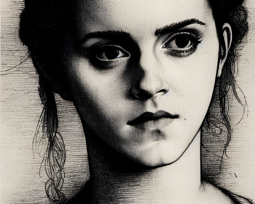 Detailed black and white sketch of young woman with intense eyes, neat eyebrows, straight nose, and w