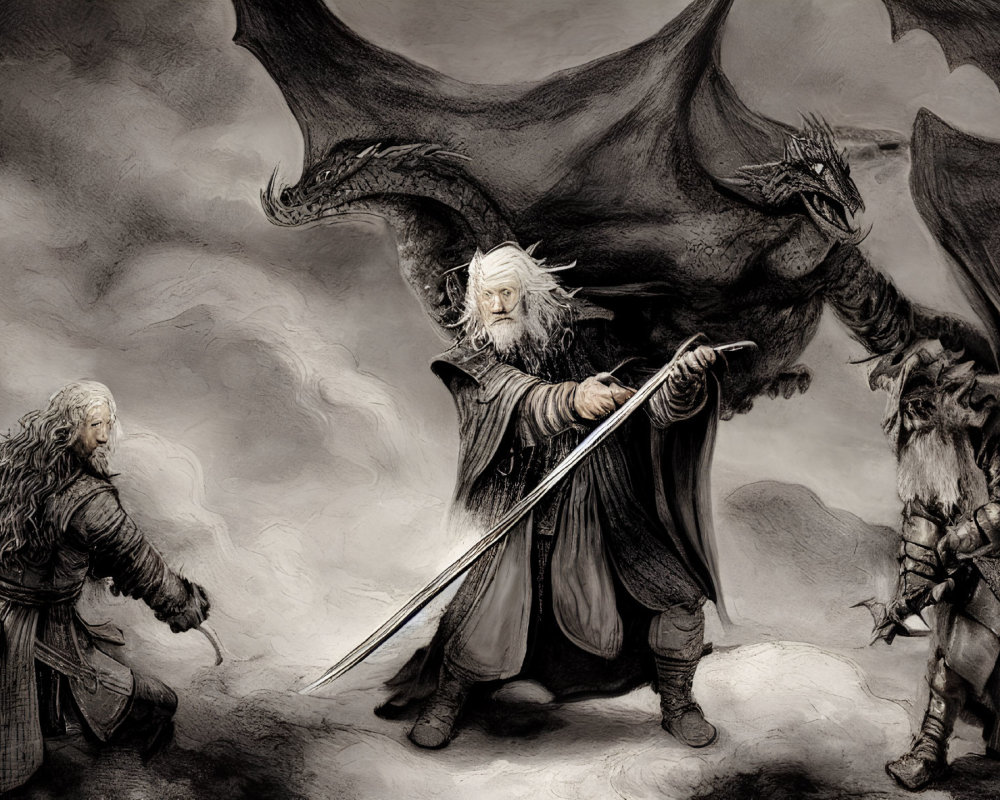 Monochrome fantasy illustration of wizard, warrior, figures, and dragon