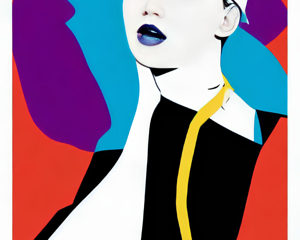 Colorful Pop Art Portrait of Woman with White Hair and Blue Lips