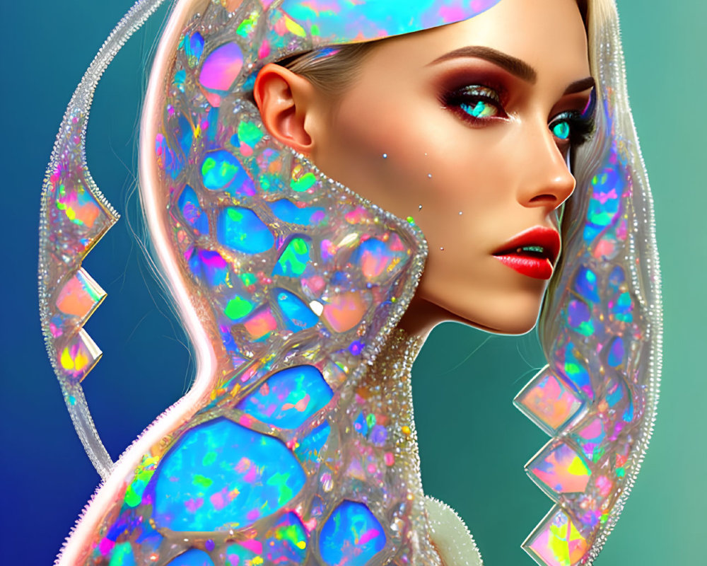 Iridescent Gem-Encrusted Woman in Digital Art