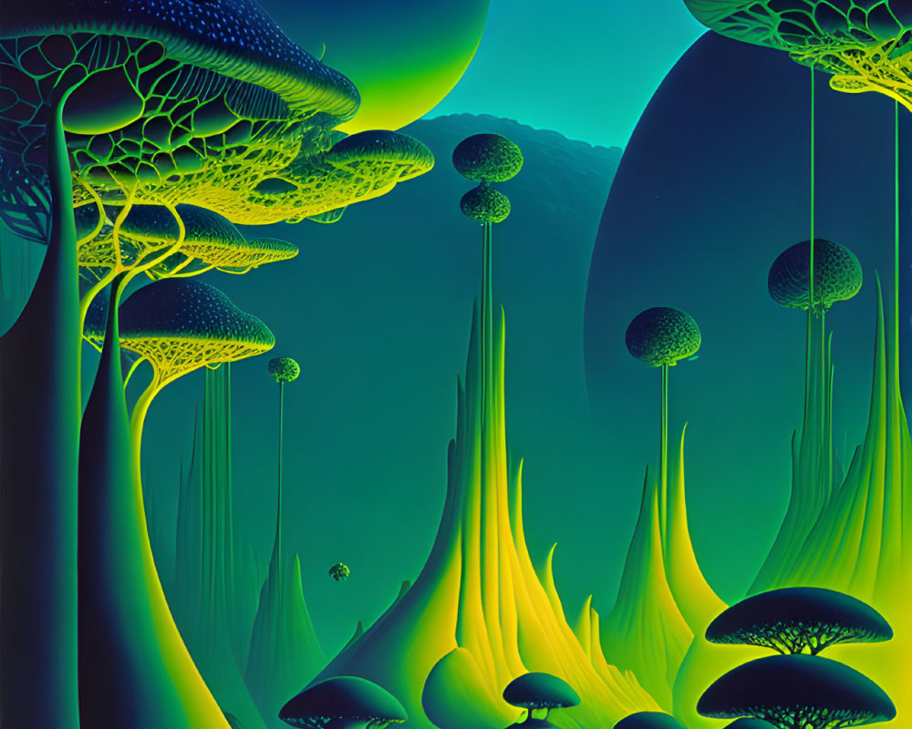 Surreal landscape with glowing bioluminescent mushroom structures