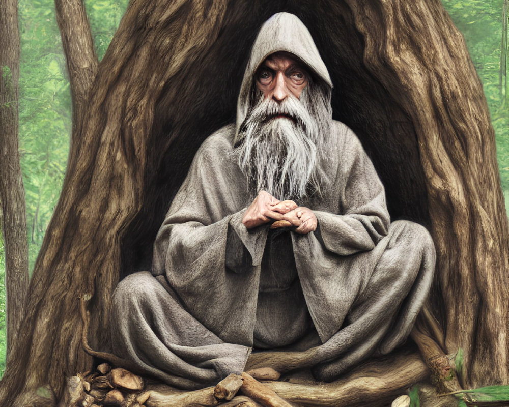 Elderly bearded man in grey cloak meditates in hollow tree with simple meal