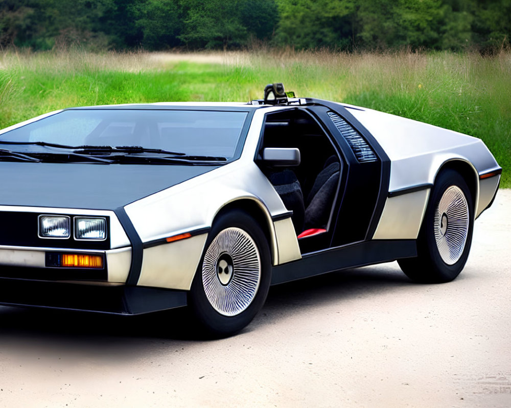 Vintage DeLorean DMC-12 with Gull-Wing Doors Open on Road