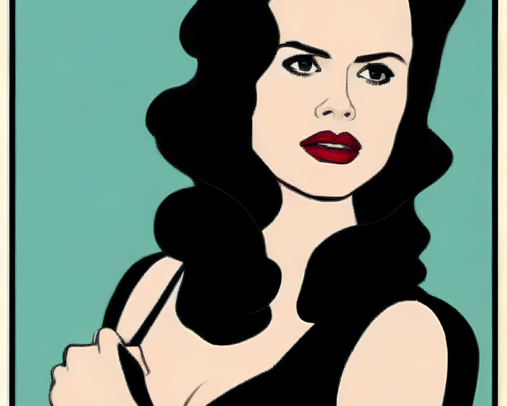 Vintage-style illustration of woman with dark curly hair and red lipstick against teal background