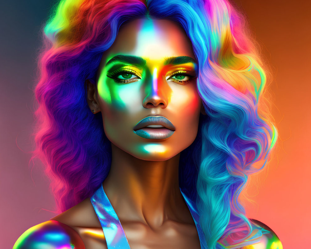 Colorful Rainbow Hair and Iridescent Skin Portrait Under Neon Lights