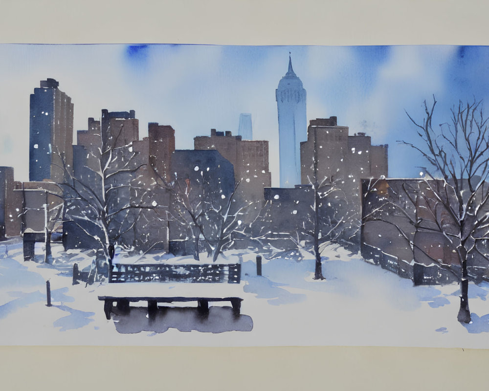 Snowy urban park watercolor painting with bare trees and high-rise buildings.