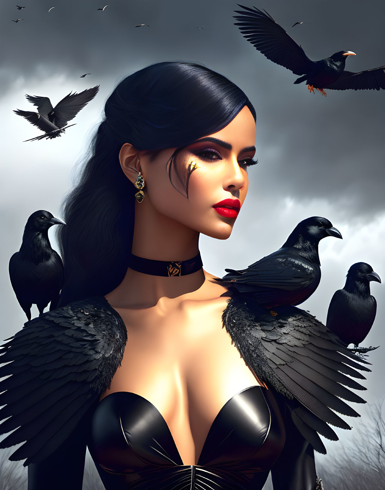 Dark-haired woman with red lips and ravens under cloudy sky - gothic and mysterious vibes