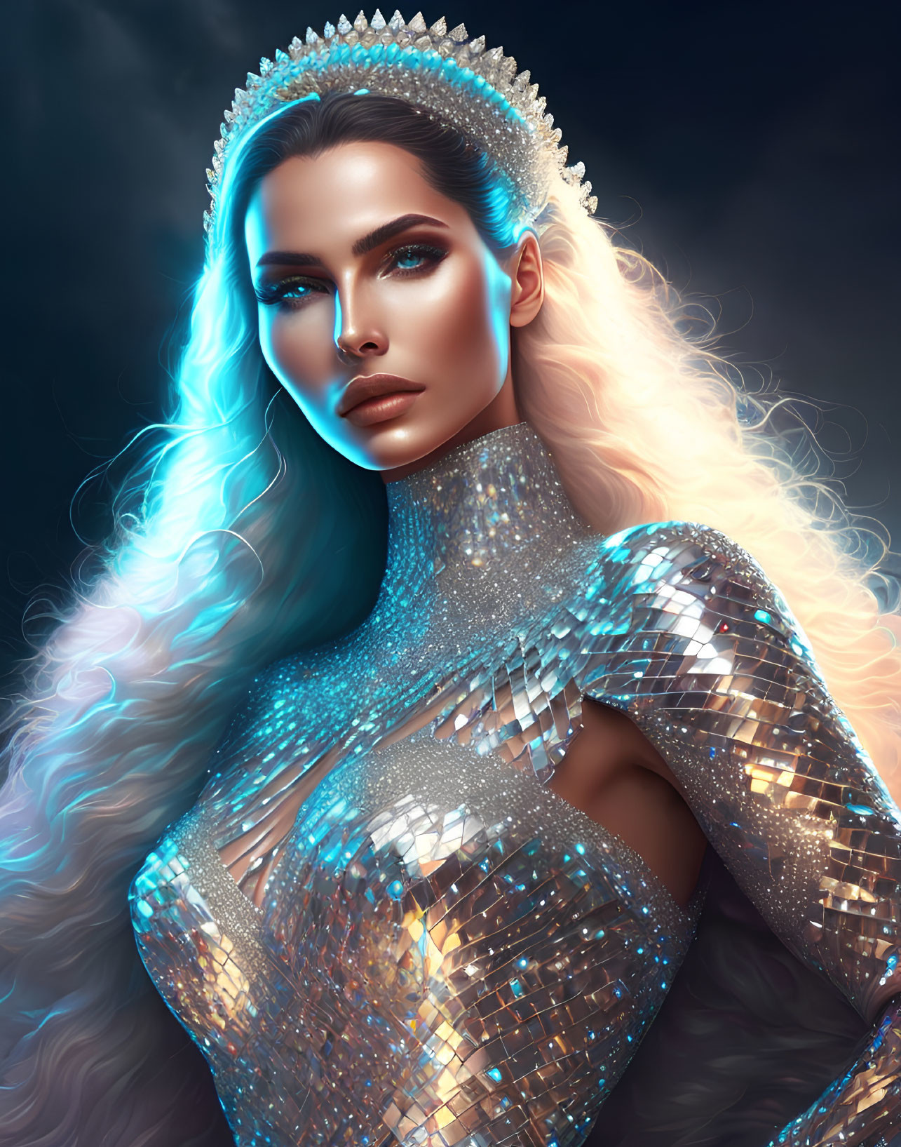 Glowing Skin Woman in Shimmering Outfit on Dark Background