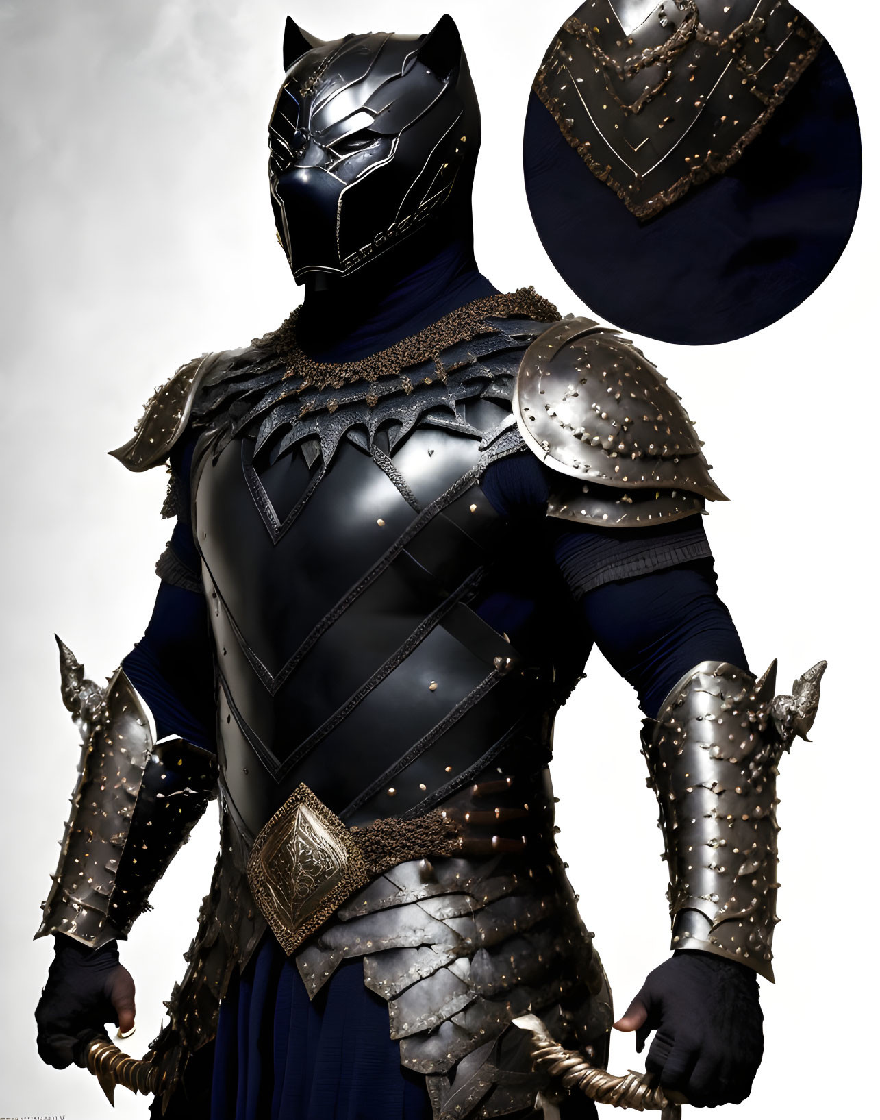 Detailed Black Panther Costume with Metallic Arm Guards and Chest Armor against Cloudy Sky