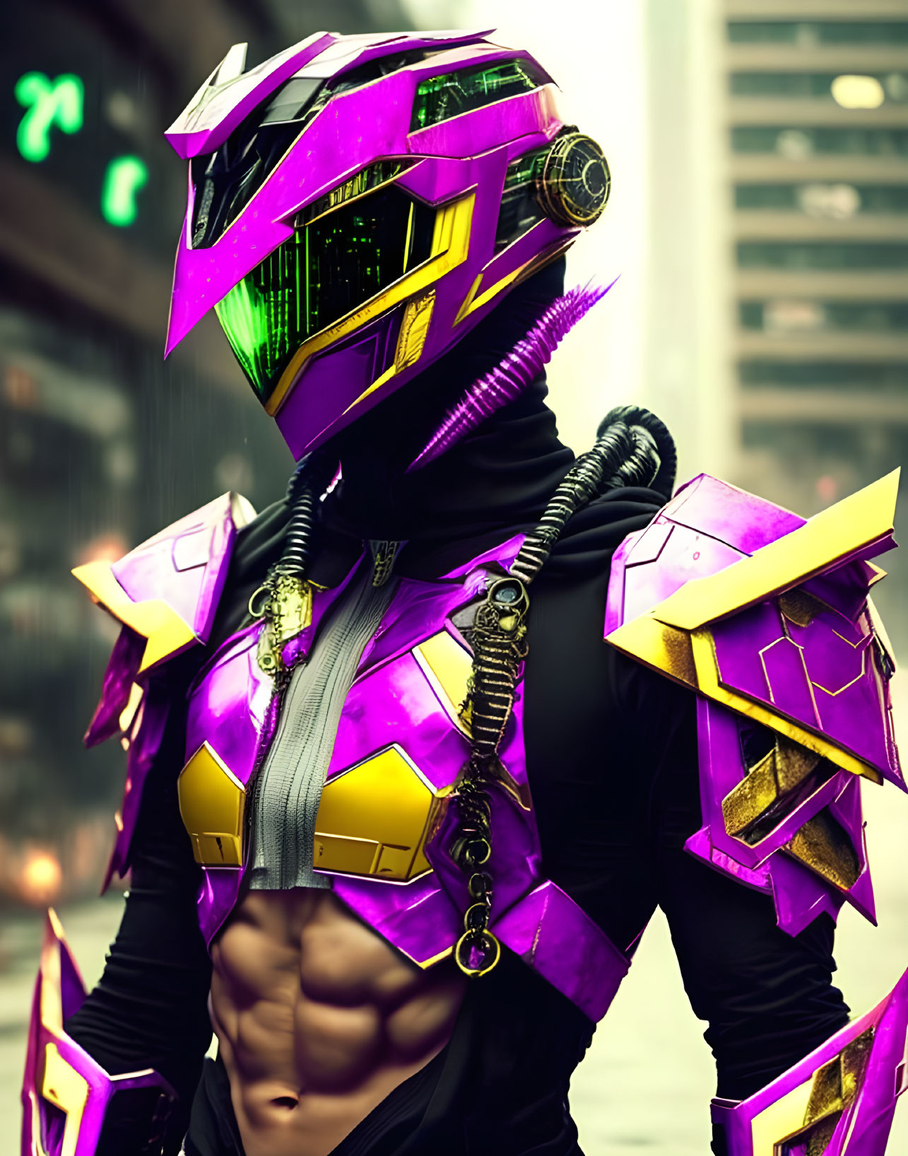 Vibrant purple and gold armored cosplay in urban setting