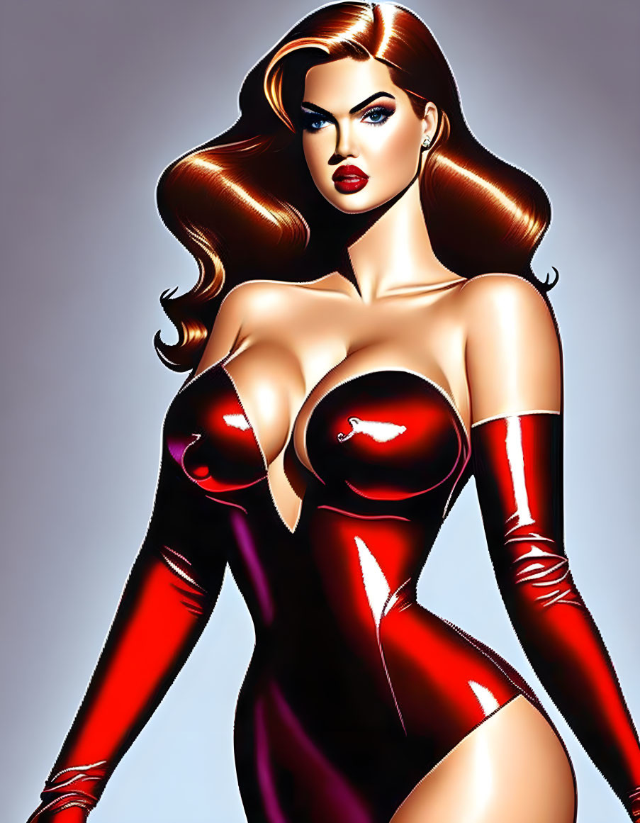 Brown-haired woman in red superhero costume with flowing hair illustration.