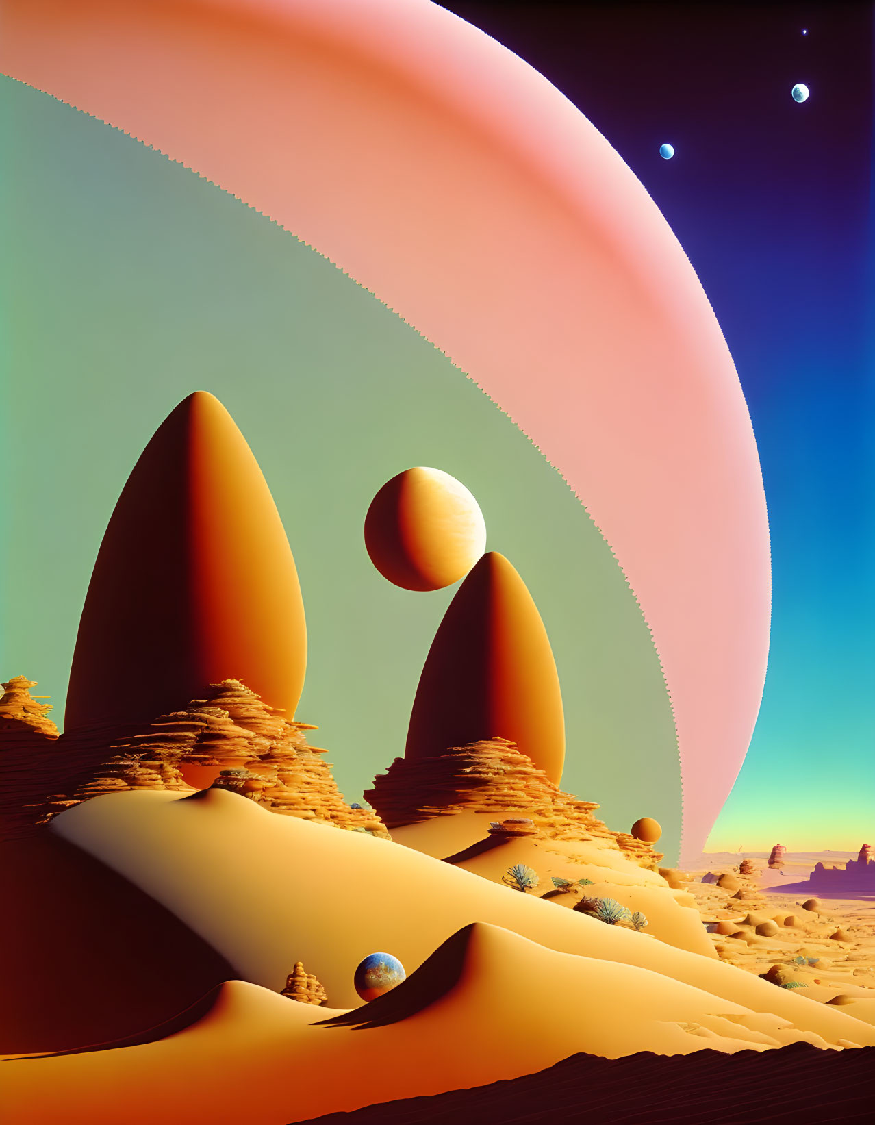 Desert landscape with sand dunes, rock formations, and giant ringed planet.