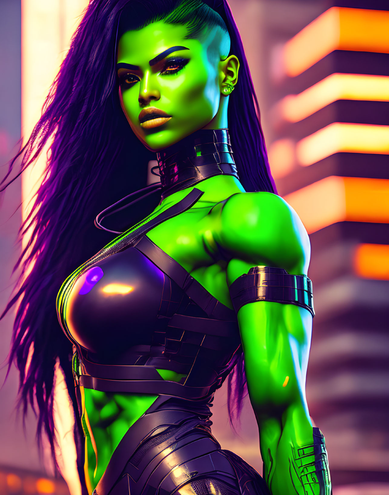 Green-skinned female character in futuristic cyberpunk art with purple hair and black armor.