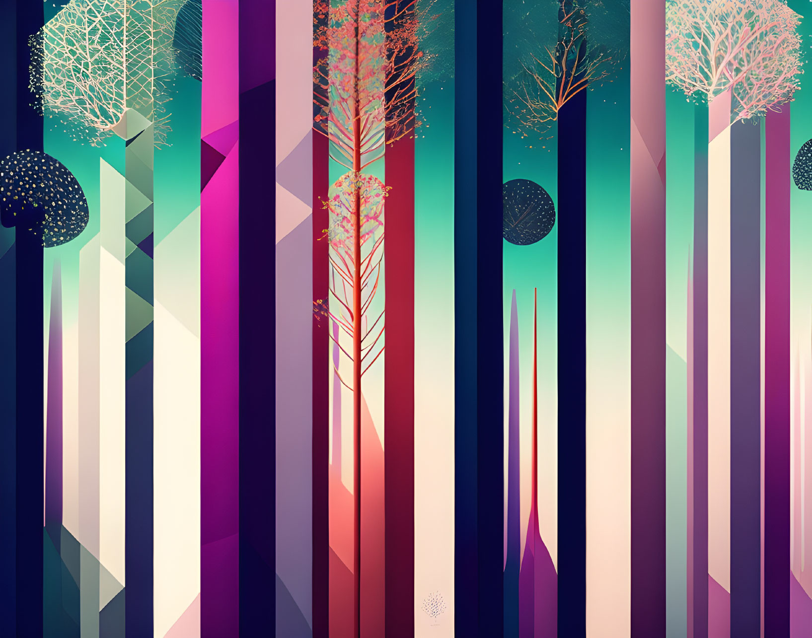 Colorful Abstract Forest Illustration with Vertical Stripes and Stylized Trees