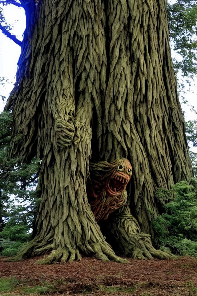 Humanoid face and hands emerging from tree bark in forest scene