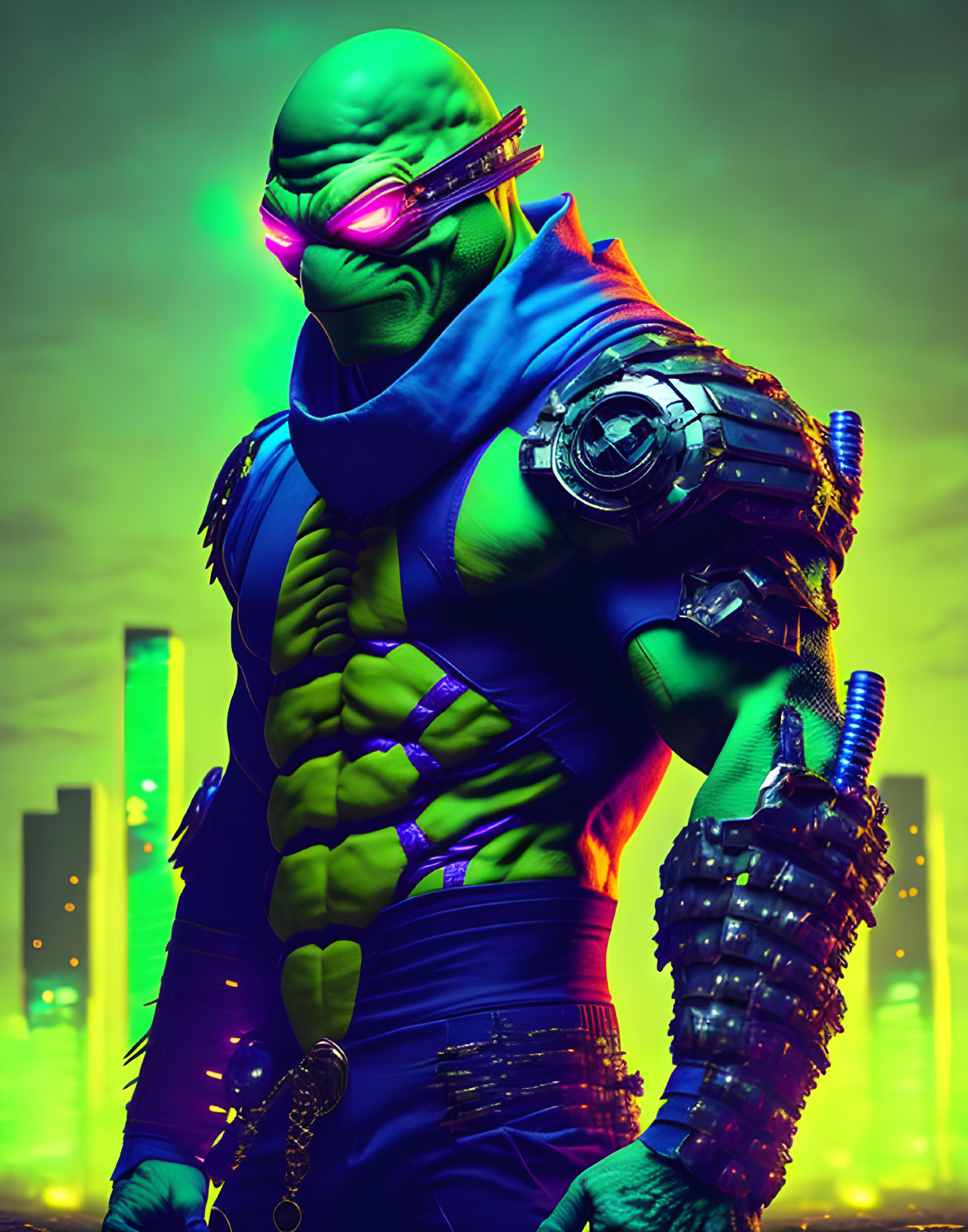 Muscular green-skinned character with futuristic sunglasses in cyberpunk cityscape