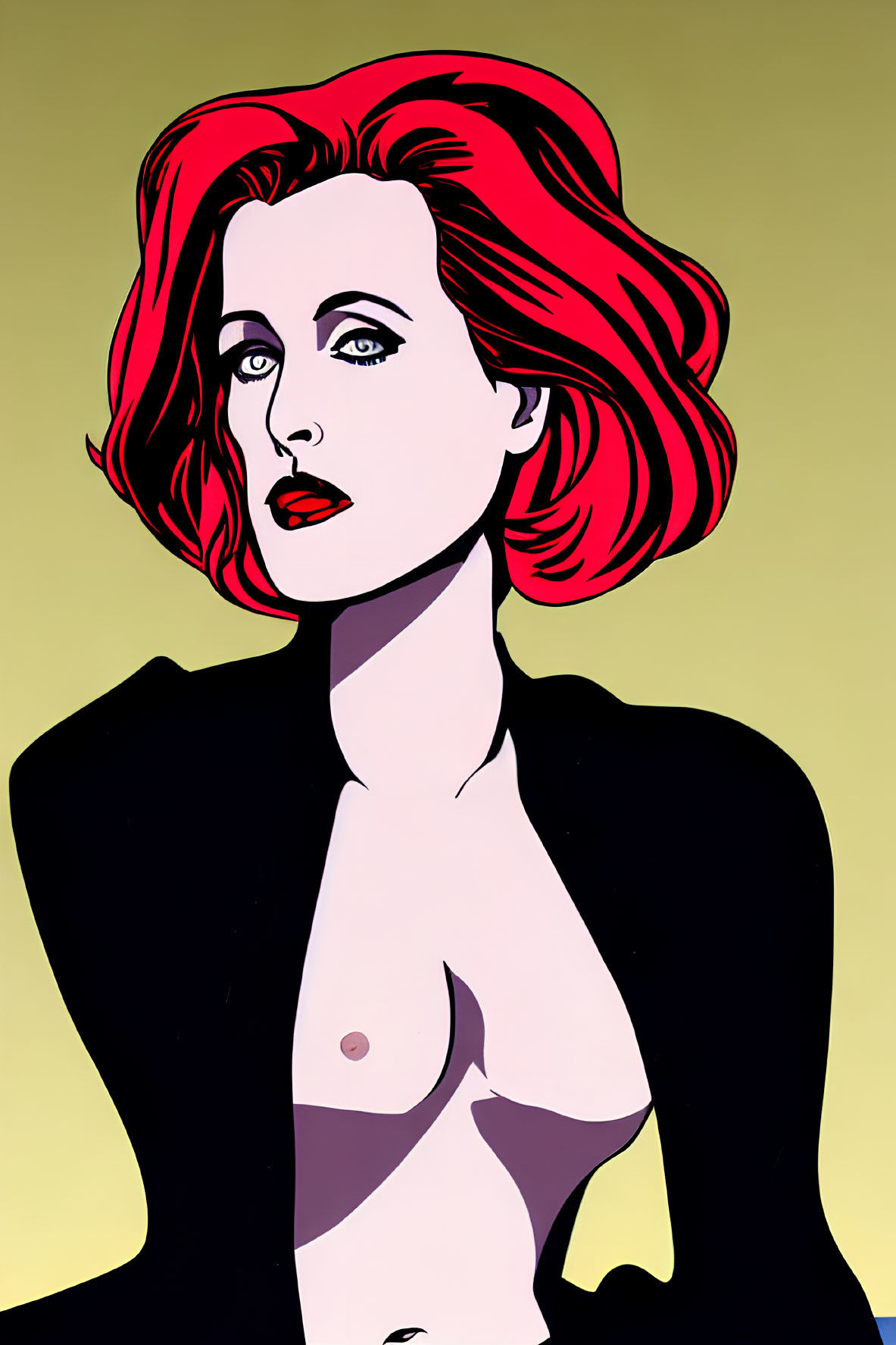 Vibrant pop art portrait of woman with red hair on yellow background