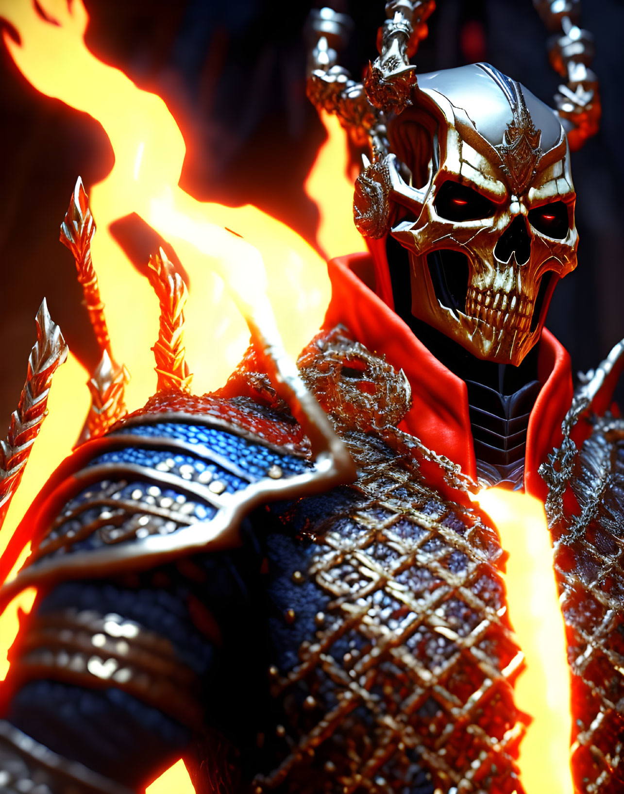 Character with skull-like metallic mask & red cloak in fiery background