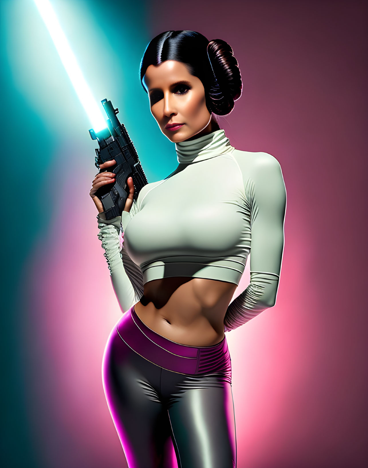 Futuristic woman with iconic hairstyle holding space blaster against neon-lit backdrop