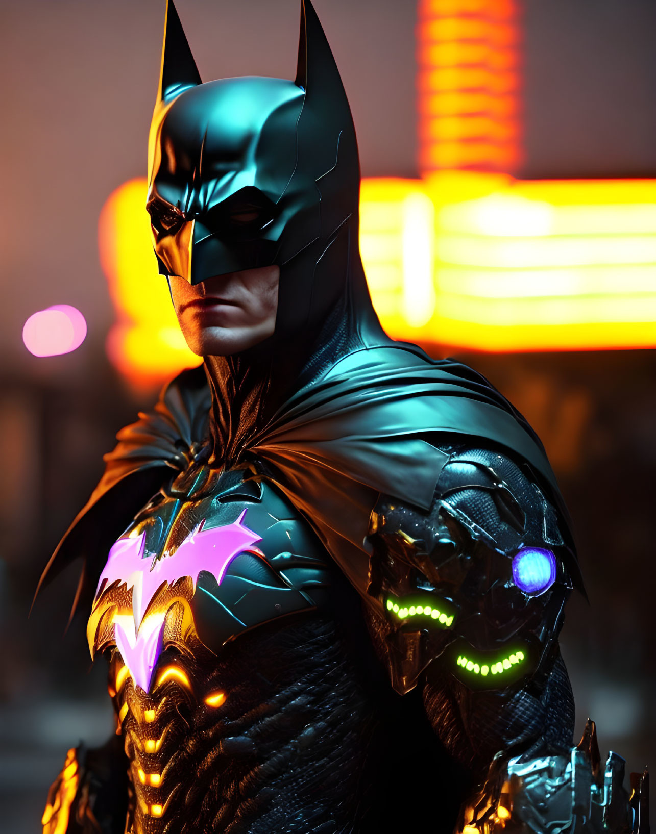 Detailed Batman costume against neon cityscape background