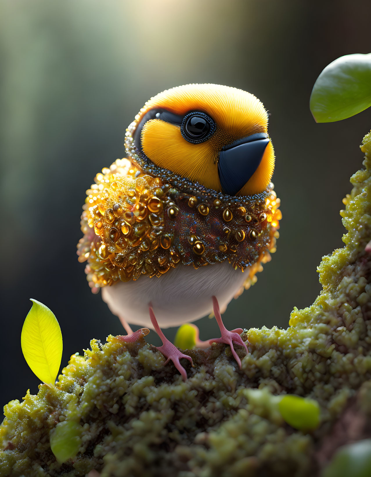 Digitally altered image: Bird with golden bee-like eyes and amber beading on soft-lit natural