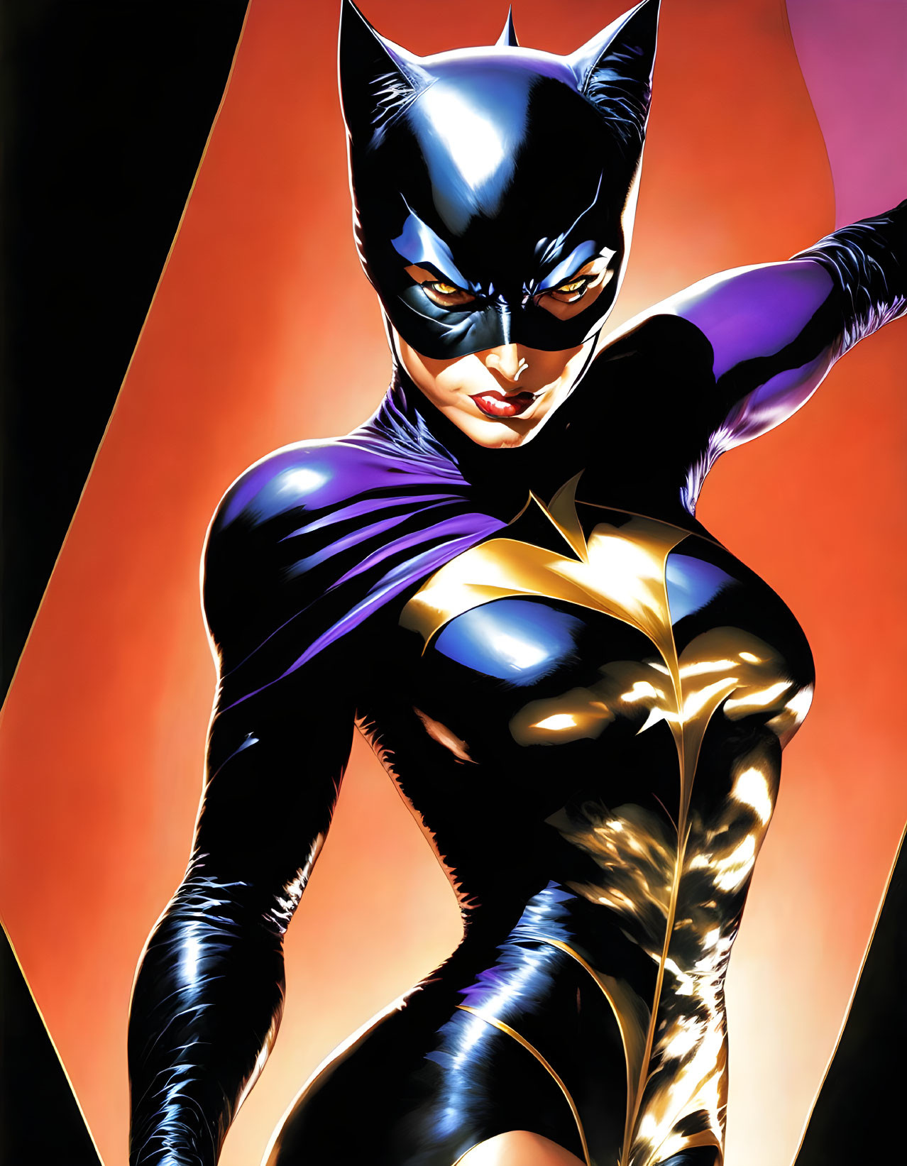 Female superhero in black & purple costume with bat emblem & pointed cowl