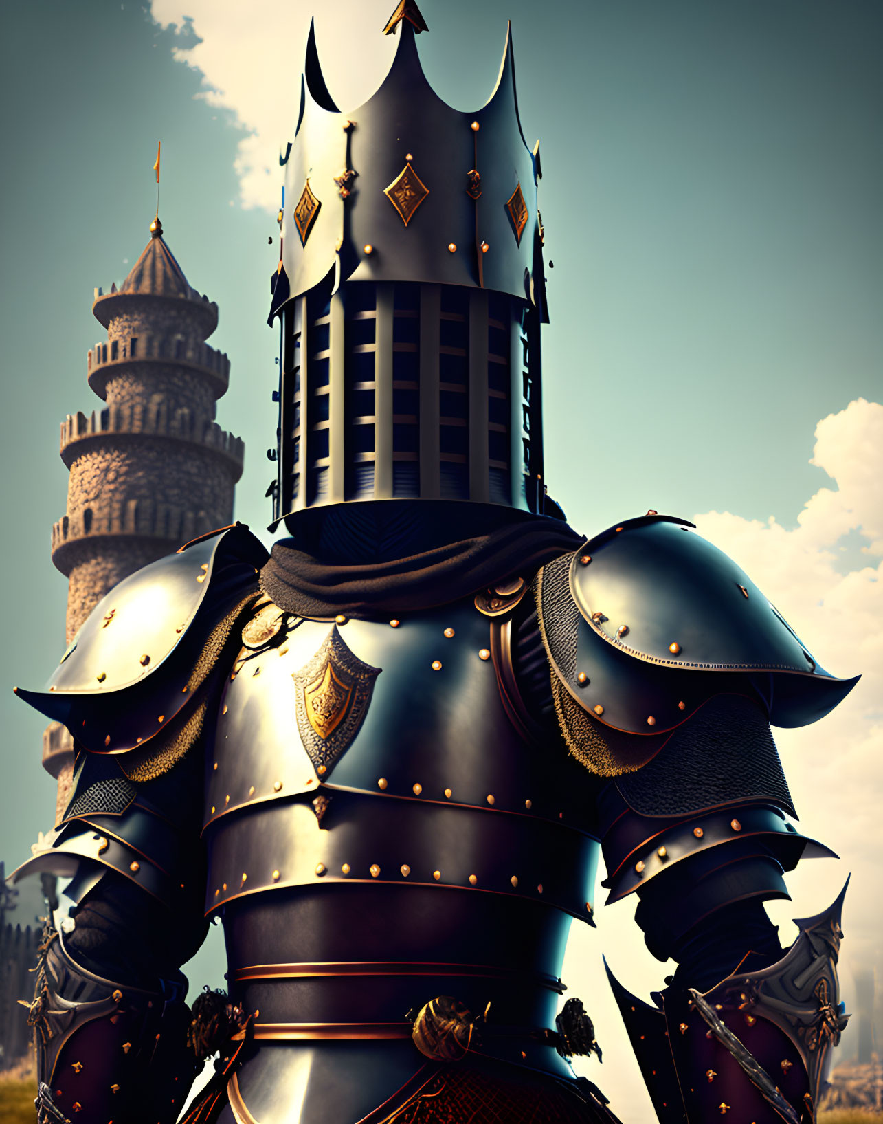 Medieval knight in ornate armor at castle tower under clear sky