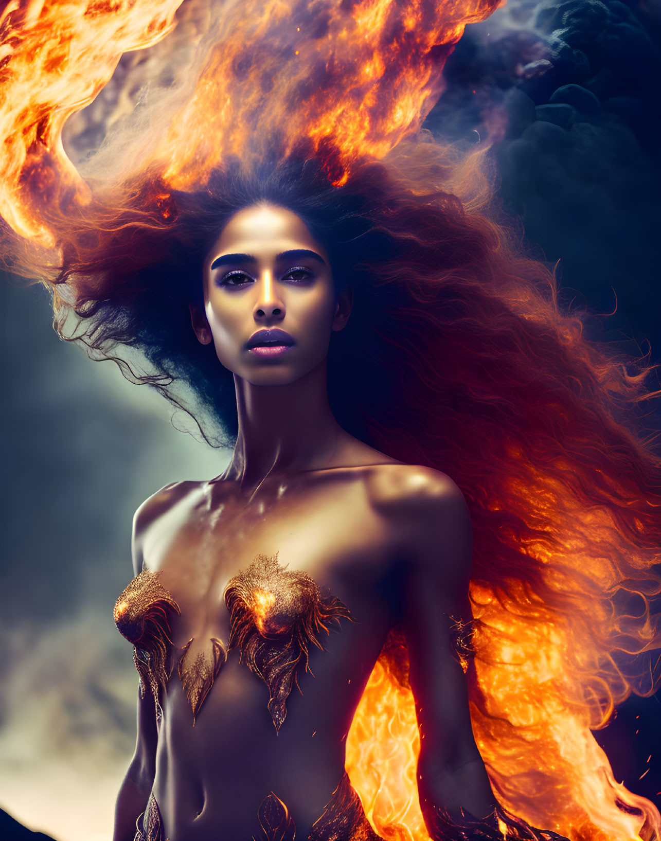 Fiery-haired woman engulfed in flames against smoky backdrop