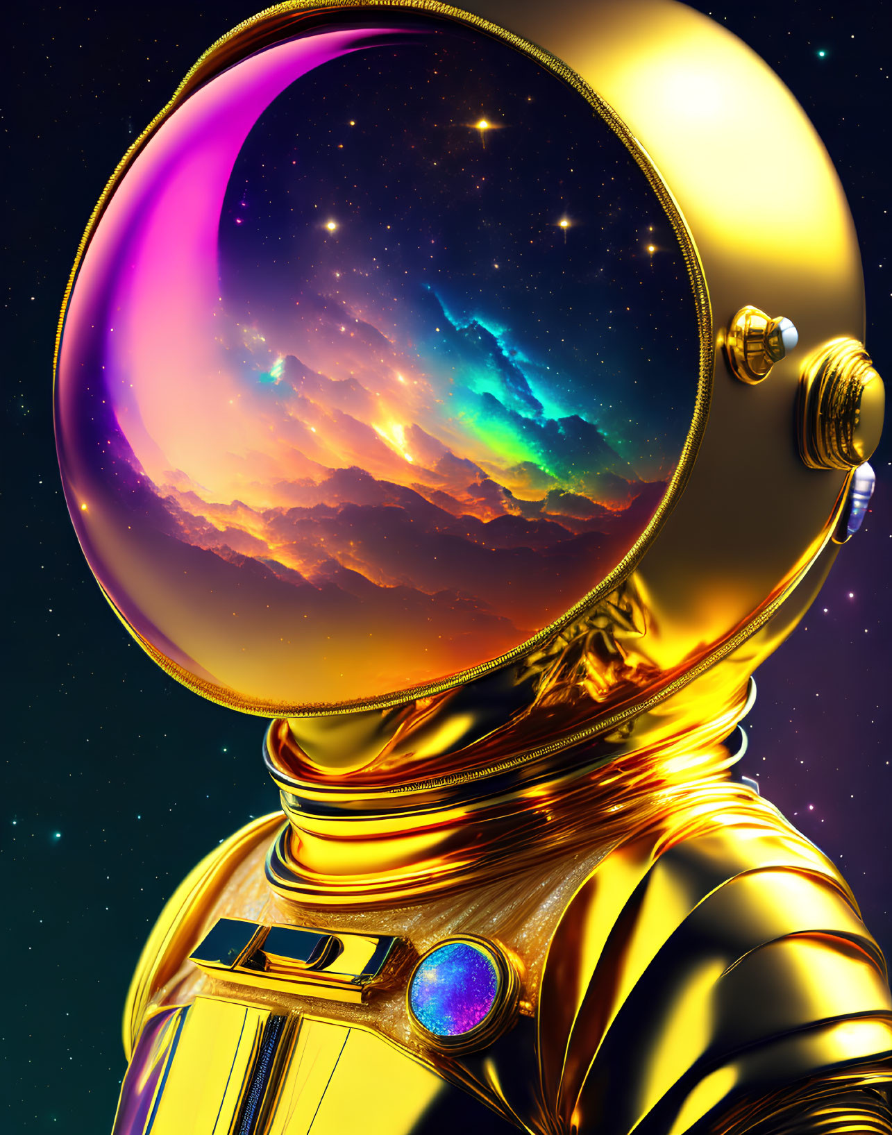 Golden astronaut helmet with vibrant nebula in starry space.