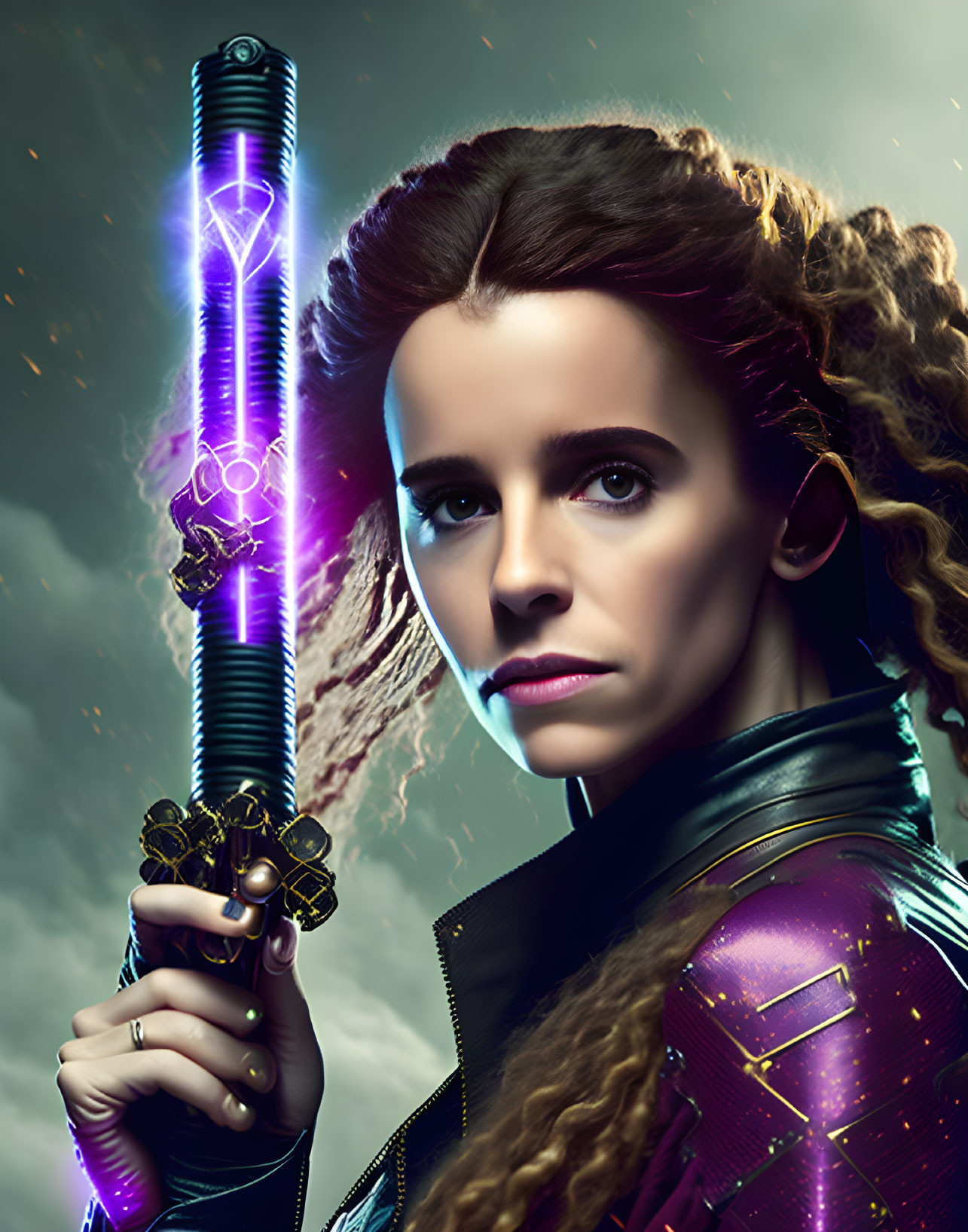 Brown-Haired Woman Holding Glowing Purple Sword in Futuristic Suit