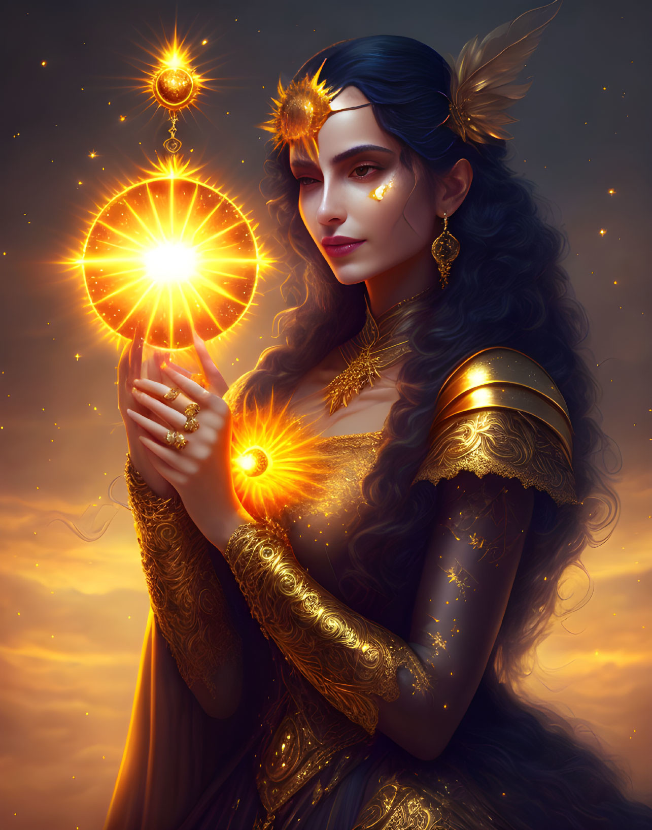 Dark-haired woman in golden armor holds glowing orb in fantasy setting