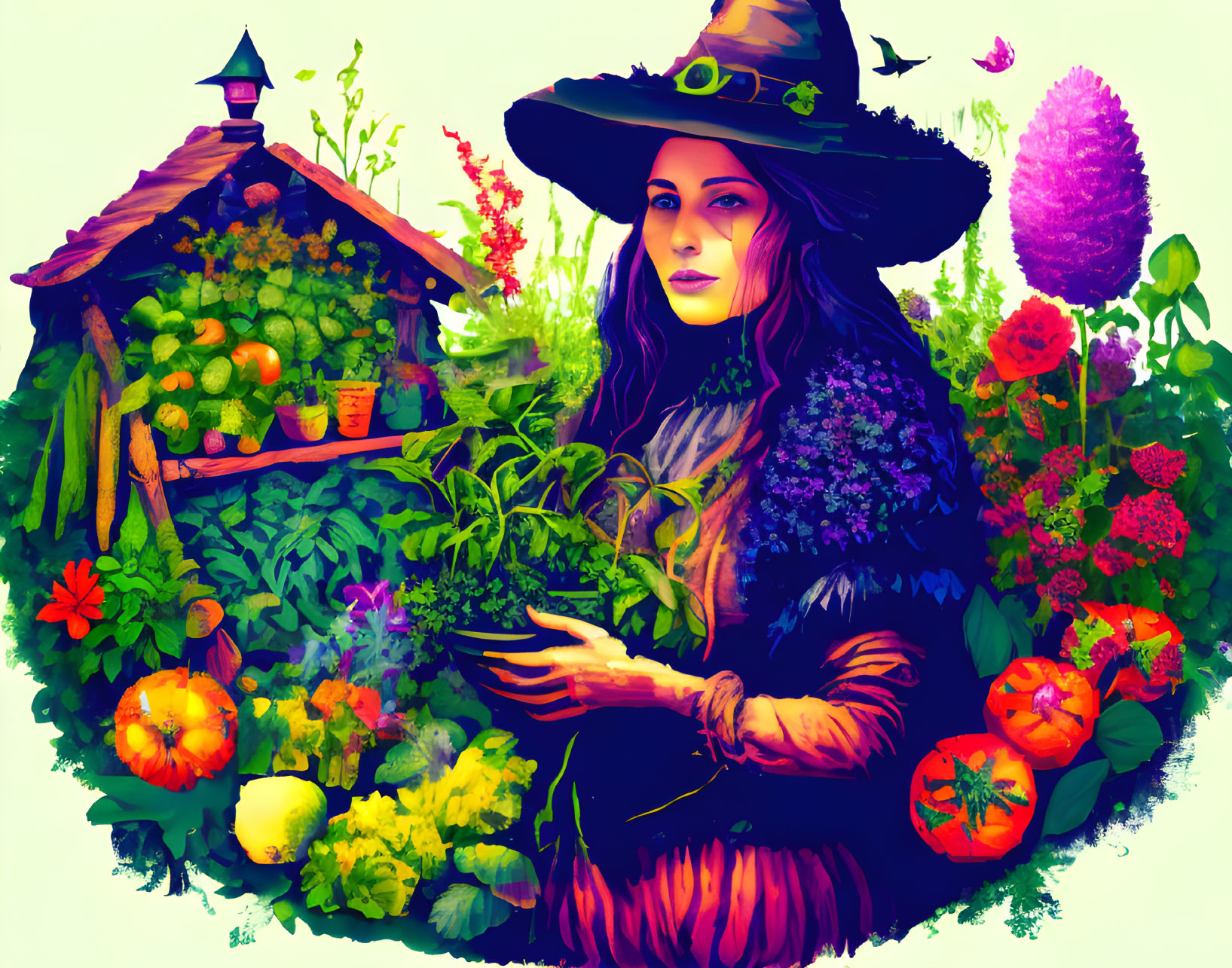 Vibrant garden illustration with woman in witch's hat and greenhouse