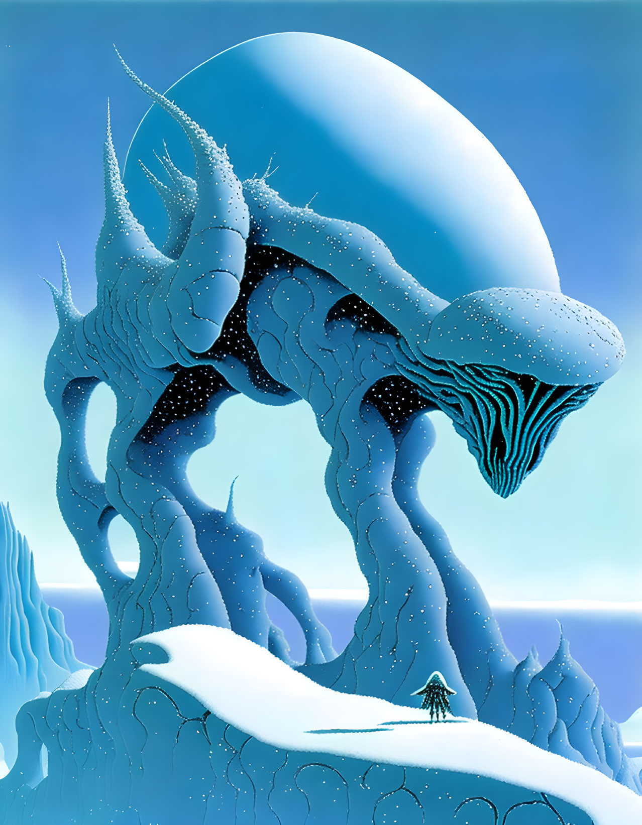 Fantastical landscape with towering ice creature under large moon