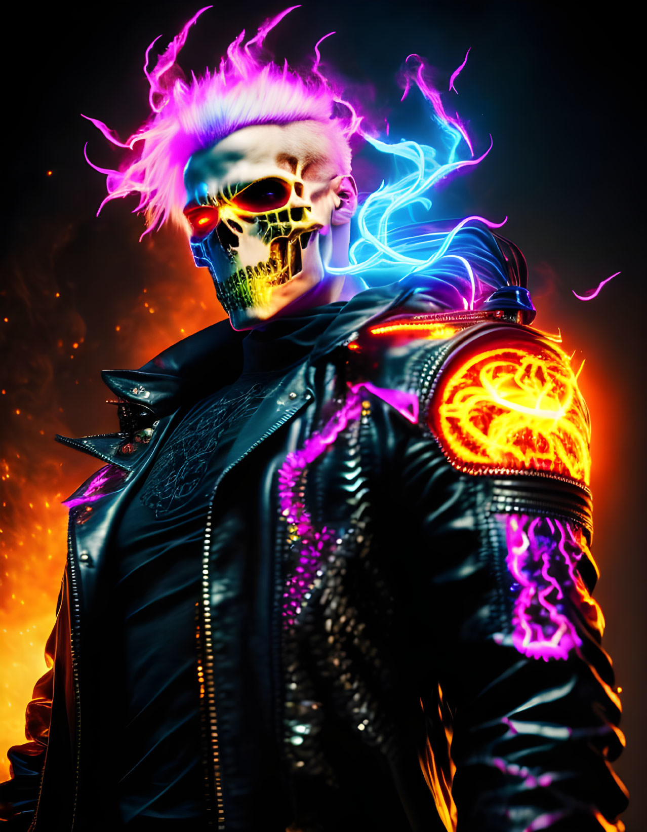 Colorful cyberpunk portrait with glowing skull face and neon hair